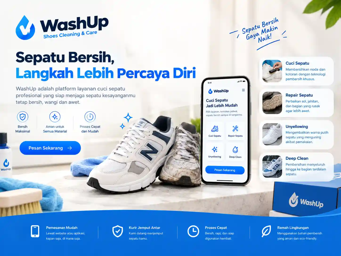 Website layanan perawatan sepatu premium Wash Up Shoes